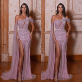 Gorgeous One Shoulder Prom Dress with Sequins and Long Split